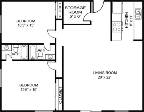 Floor plan for 2 beds, 2 baths, 1215 sqft